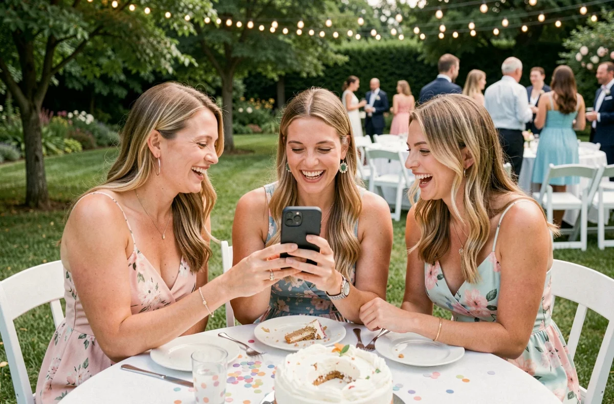 Trois amies riant ensemble en regardant des photos sur un téléphone lors d'une réception de mariage en jardin
