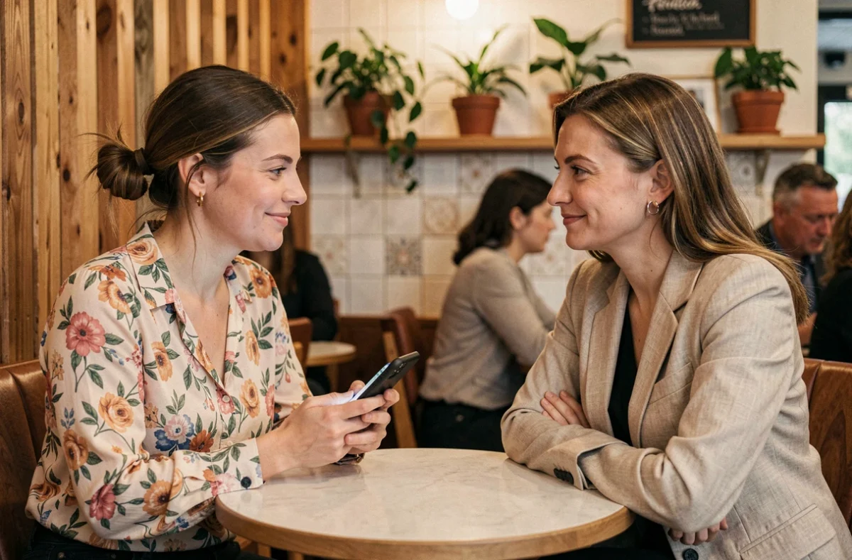 Deux amies dans un café discutant du rôle de témoin lors d'un mariage, l'une montrant son téléphone à l'autre