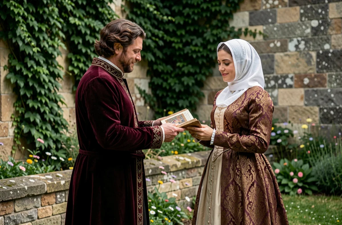 Noble médiéval offrant un manuscrit enluminé à une dame dans un jardin de château, évoquant la courtoisie et l'amour courtois au Moyen Âge