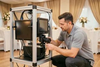 Technicien assemblant la structure interne d'un photobooth professionnel dans une salle de réception