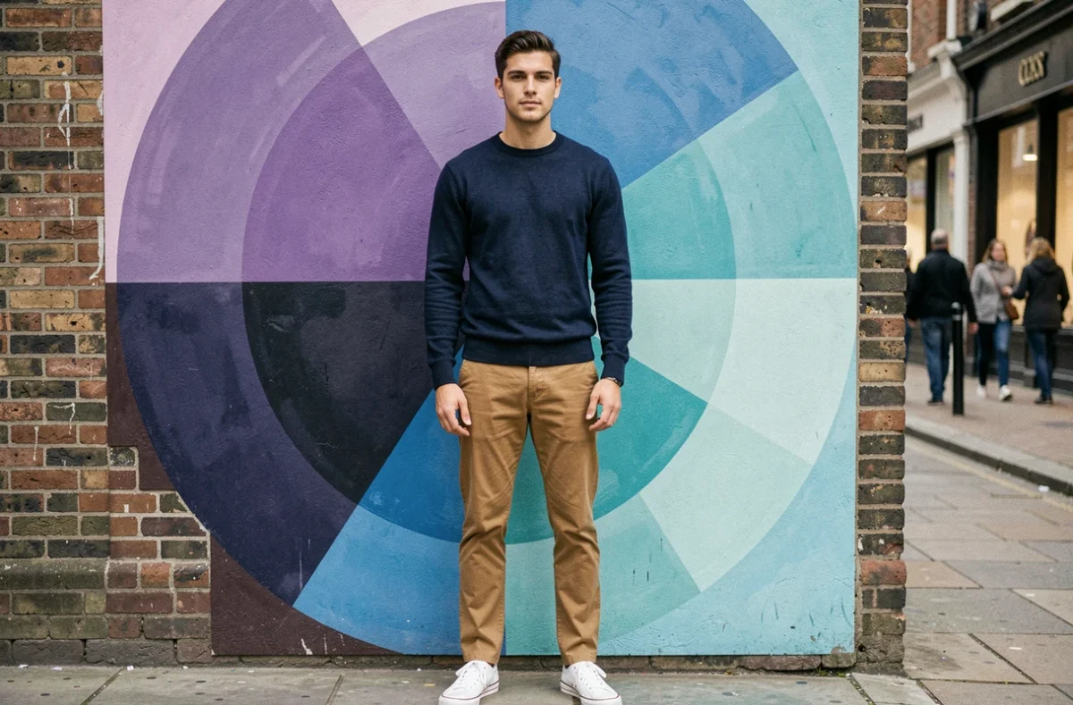 Jeune homme en pull bleu marine et chino camel devant une fresque murale urbaine représentant une roue chromatique aux couleurs analogues vives