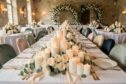 Table de réception de mariage décorée de bougies piliers blanches et de roses ivoires dans un château élégant