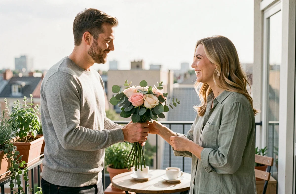 Homme offrant un bouquet de roses à sa partenaire sur un balcon ensoleillé avec vue sur les toits urbains