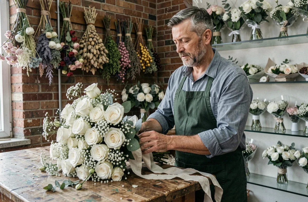 Fleuriste professionnel assemblant un bouquet de roses blanches dans sa boutique artisanale, ambiance atelier floral