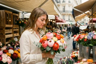 Femme examinant un bouquet de fleurs colorées sur un marché floral en plein air, pivoines et eucalyptus visibles