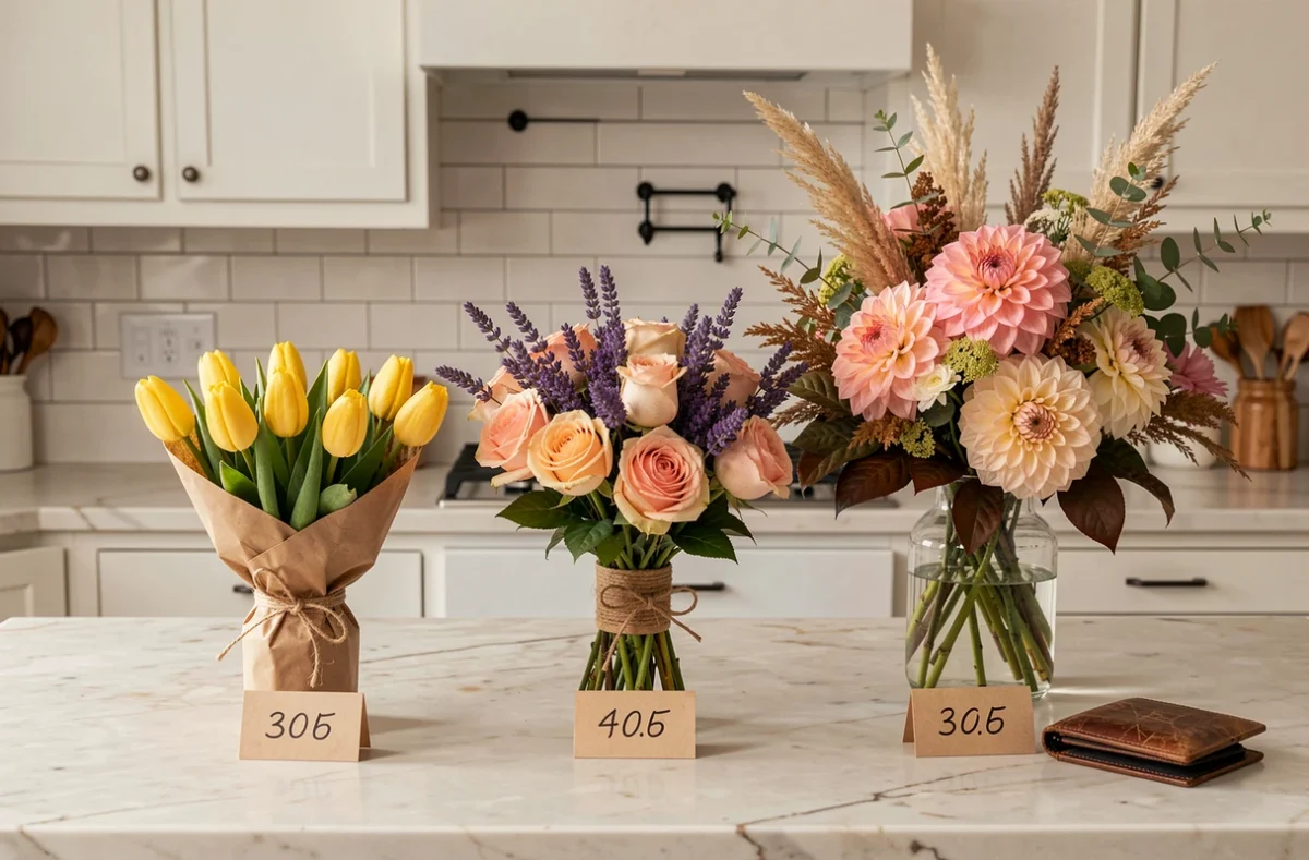 Comparaison de trois bouquets de fleurs à différents prix sur un comptoir de cuisine, du bouquet économique au bouquet premium