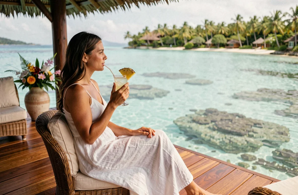 Femme profitant d'une terrasse de bungalow sur l'eau lors d'une lune de miel à Hawaï