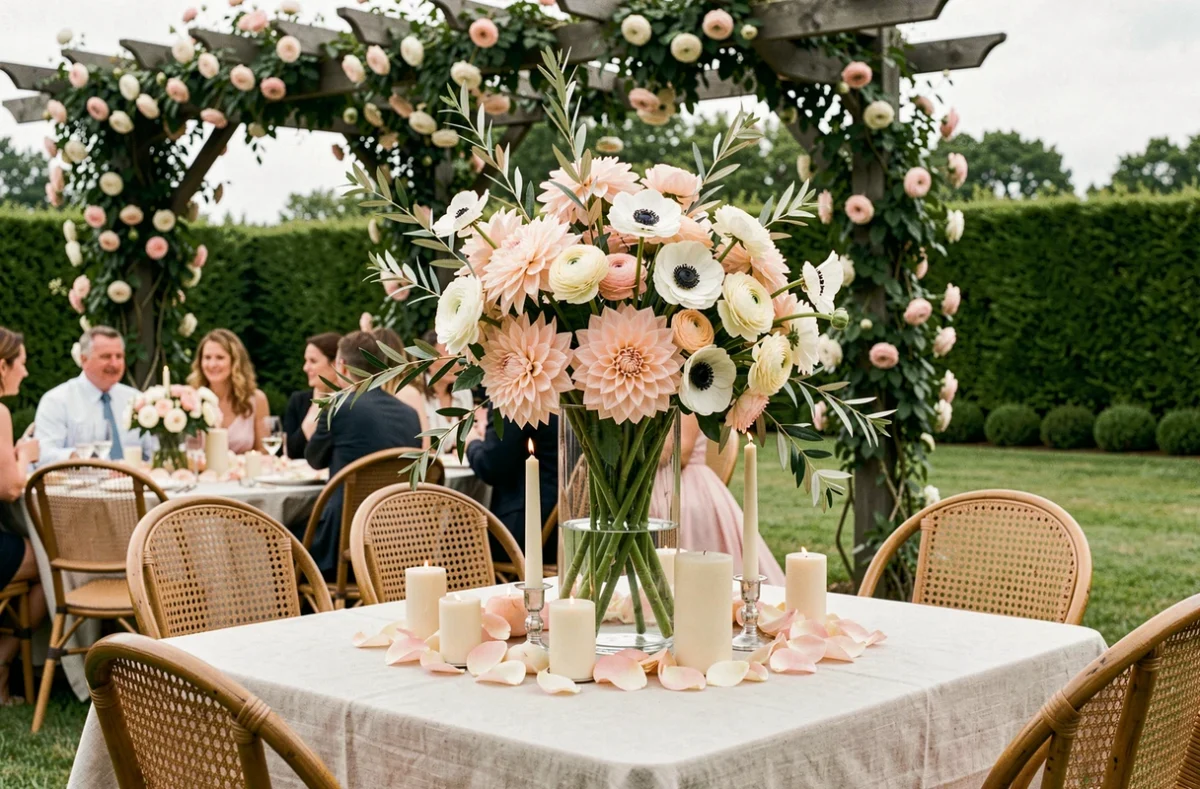 Centre de table de mariage en extérieur avec dahlias roses, anémones blanches et branches d'olivier dans des vases en verre sur une table en lin