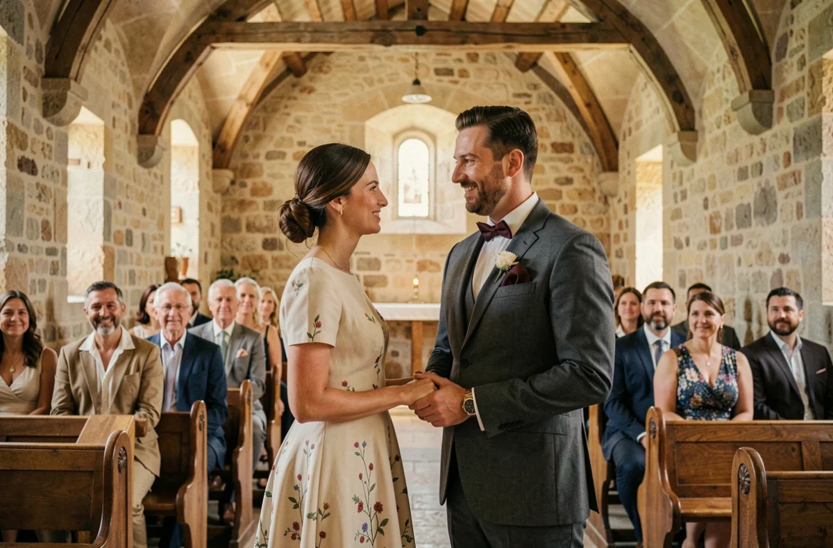 Cérémonie de mariage symbolique dans une chapelle en pierre en Provence avec famille et amis