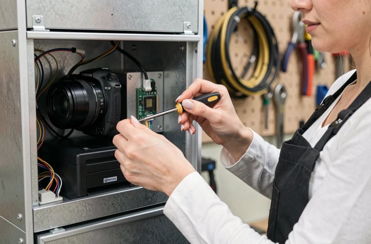 Détail des composants internes d'un photobooth ouvert montrant caméra, imprimante et câblage