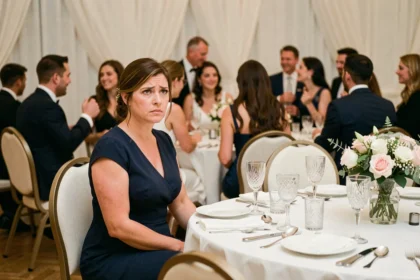 Femme seule à une table de mariage avec une chaise vide à côté d'elle, symbolisant l'absence du conjoint non invité