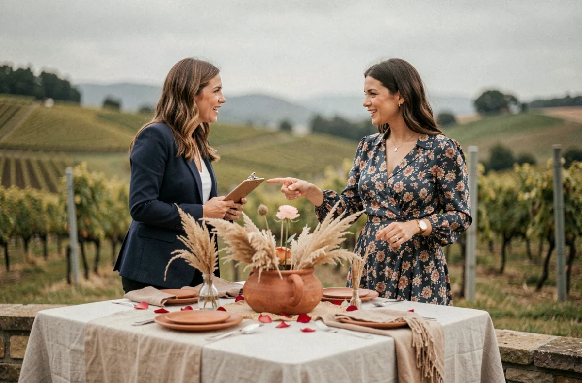 Consultation entre une décoratrice de mariage et sa cliente devant une table dressée sur une terrasse de vignoble