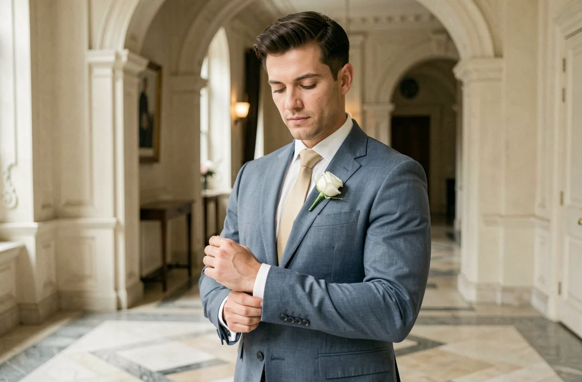 Homme en costume bleu poudré élégant pour un mariage dans un hall parisien