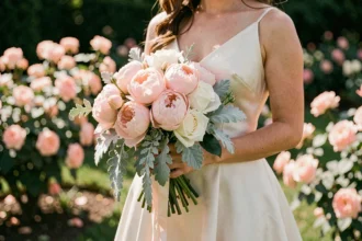 Mariée tenant un bouquet de pivoines roses et de roses blanches dans un jardin verdoyant pour un mariage élégant