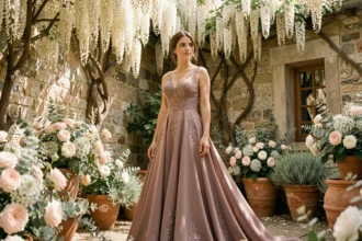 Mariée en robe de mariage rose poudré dans un jardin fleuri de style éditorial pour tendances couleurs mariage 2026