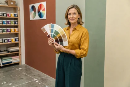 Designer tenant un nuancier de couleurs complémentaires devant un mur avec des blocs de couleurs terracotta, vert sauge et ivoire dans un studio de design