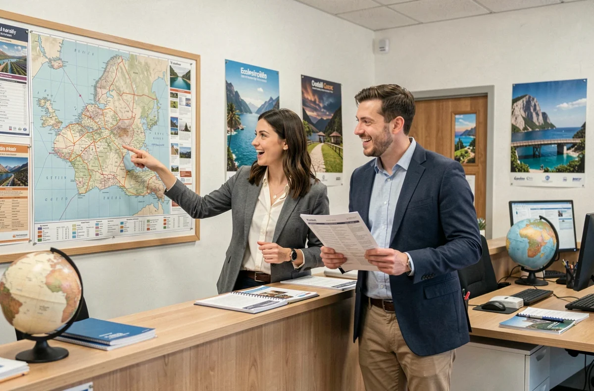 Couple discutant de leur voyage de noces avec un agent de voyage devant une carte des destinations