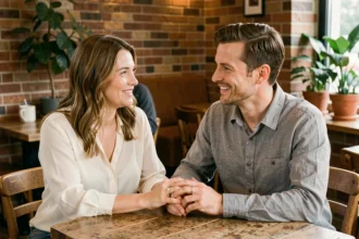 Couple portant tous les deux une bague de fiançailles, mains enlacées sur une table en bois dans un café cosy
