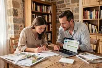 Couple français calculant le budget de leur mariage sur une table en bois avec des brochures et un ordinateur portable