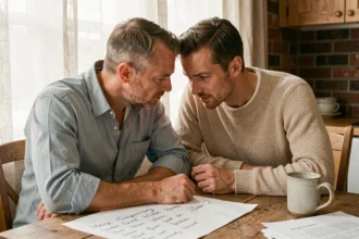 Un couple discute de la liste de leurs témoins de mariage autour d'une table en bois avec des notes manuscrites