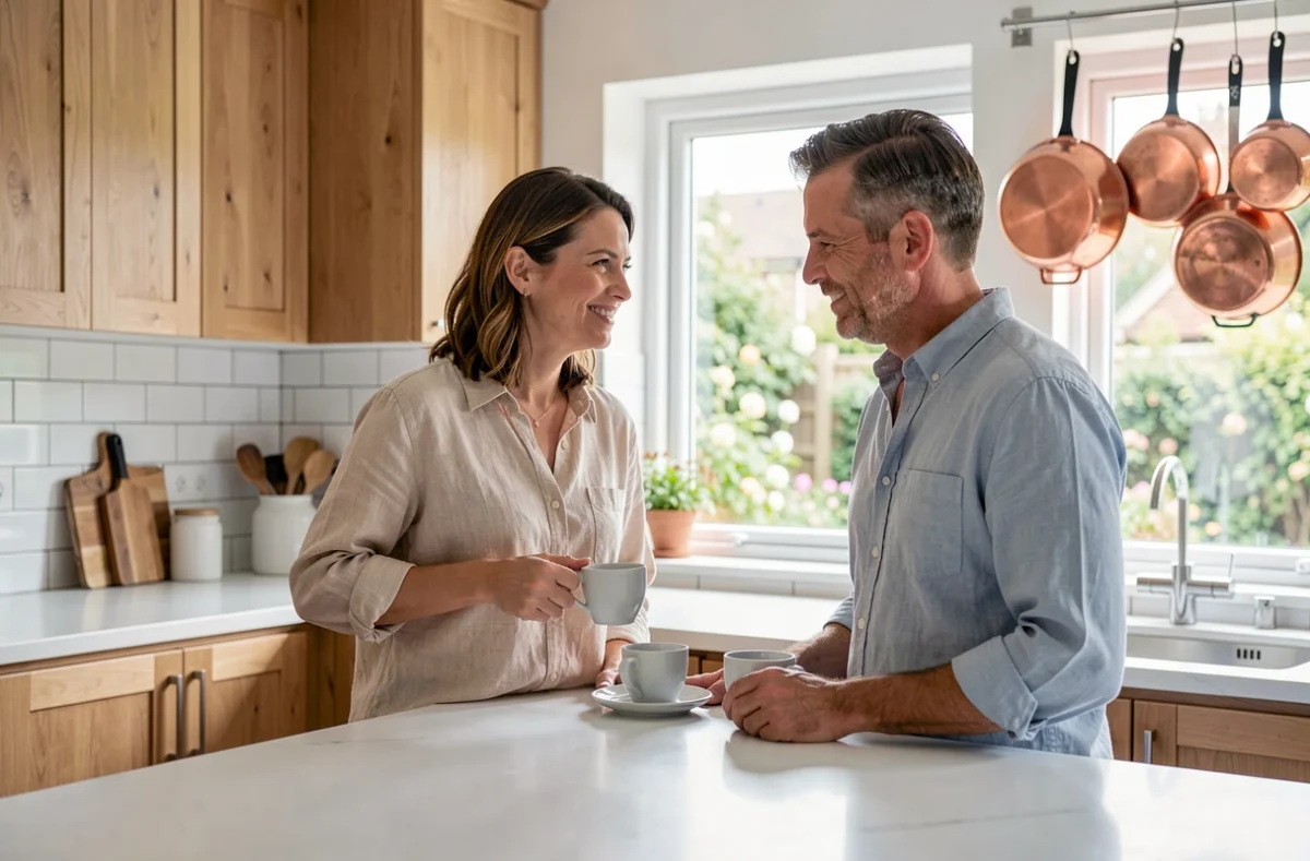 Couple complice dans une cuisine moderne partageant un café du matin, atmosphère détendue et affectueuse