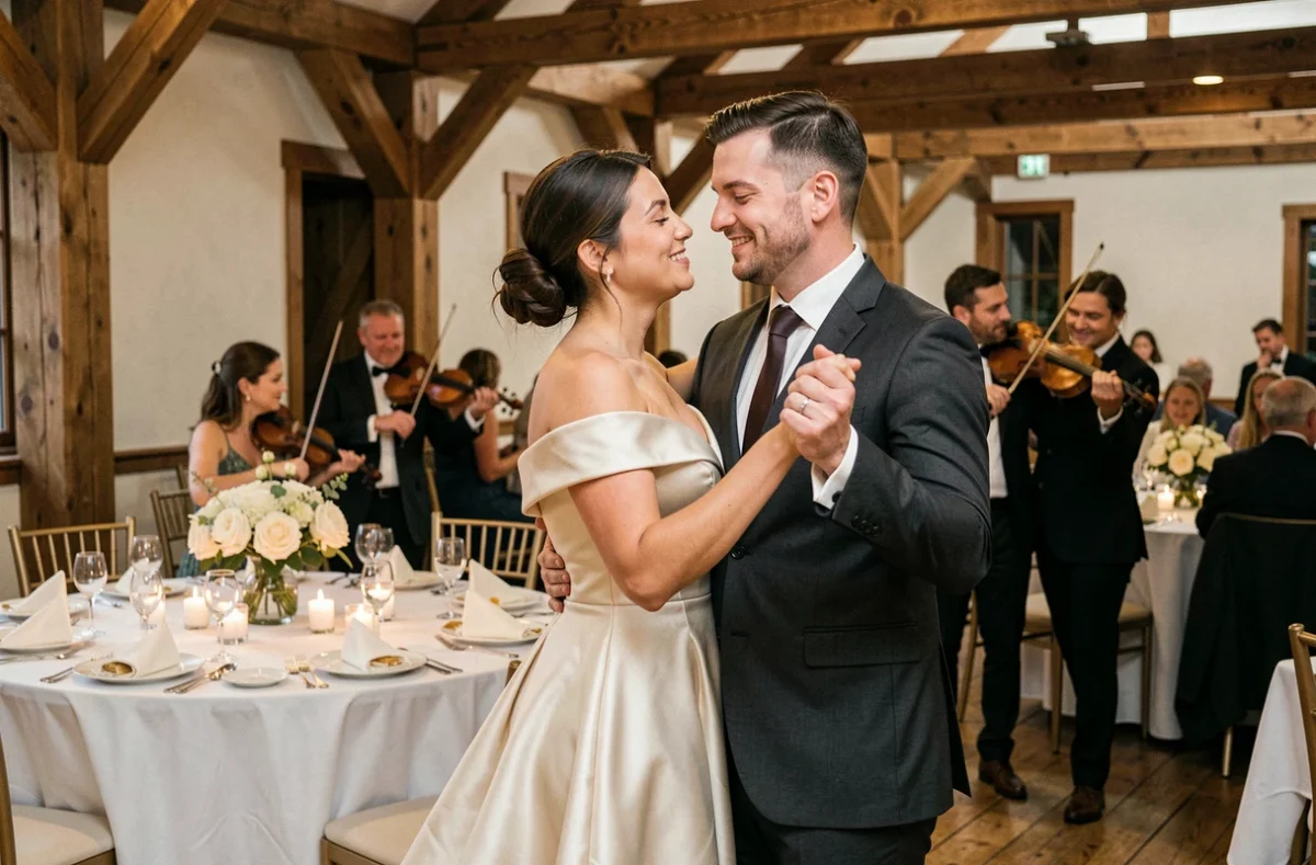 Couple de mariés dansant entre les tables lors du dîner de mariage avec un duo de cordes jouant en arrière-plan