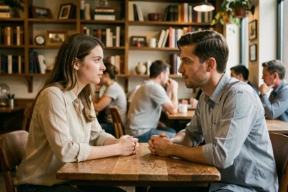 Jeune couple discutant sérieusement autour d'un café, illustrant le respect mutuel et la communication dans une relation avant le mariage