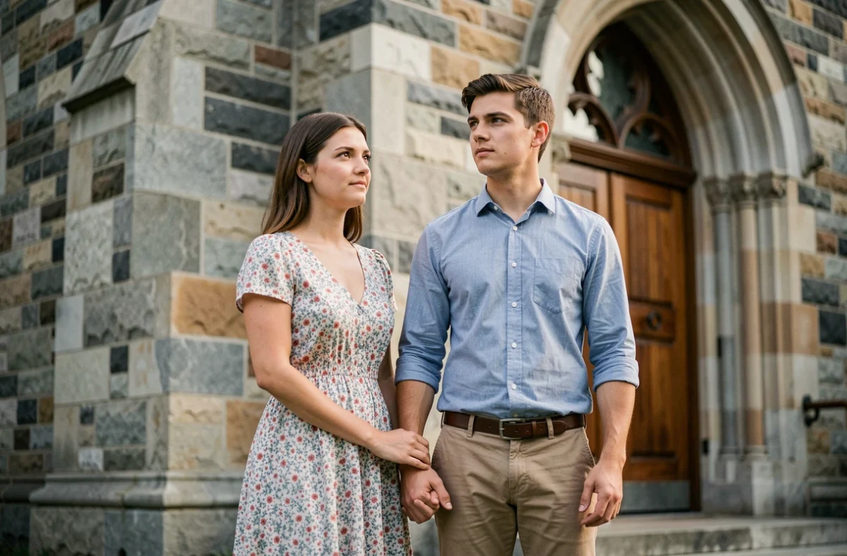 Couple debout devant une église, représentant l'engagement, les convictions religieuses et le choix de l'abstinence avant le mariage