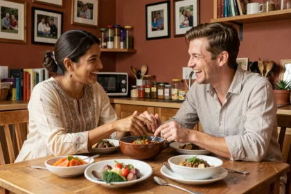 Couple interculturel partageant un repas mêlant traditions culinaires sud-asiatique et européenne dans un appartement chaleureux