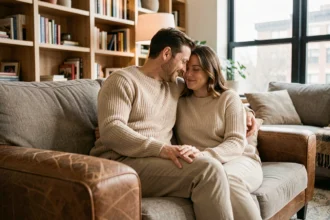 Couple marié assis ensemble sur un canapé dans un salon cosy, partageant un moment d'intimité complice et naturel