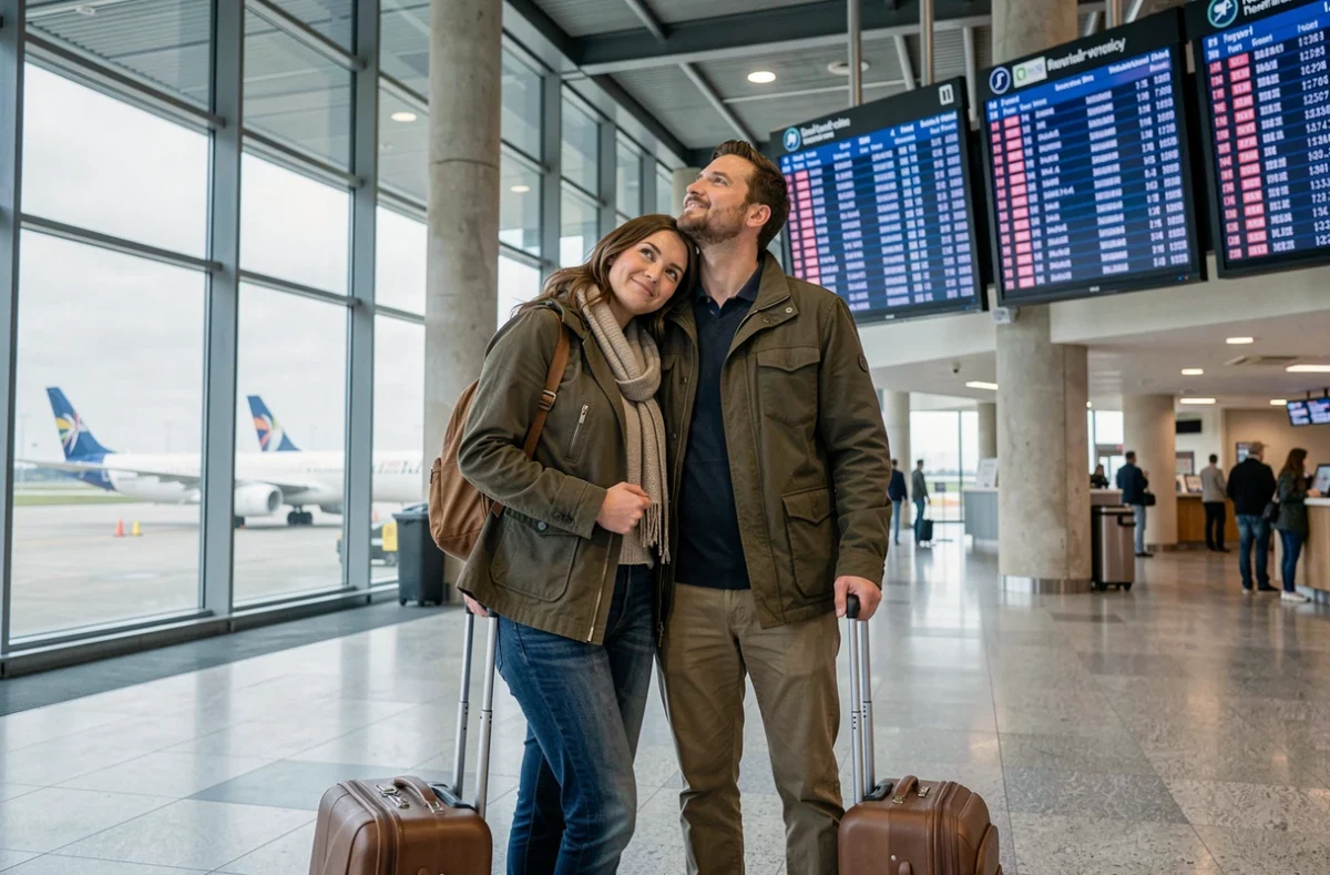 Couple de jeunes mariés à l'aéroport prêts à partir en lune de miel avec leurs valises