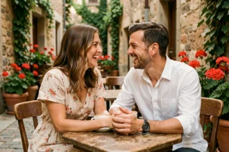 Couple amoureux partageant un café en terrasse pendant leur lune de miel, mains enlacées et sourires complices
