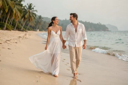 Couple de jeunes mariés marchant main dans la main sur une plage tropicale pendant leur lune de miel