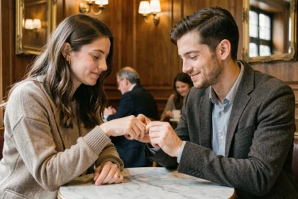 Couple marié en secret échangeant un regard complice autour d'une alliance dans un café parisien