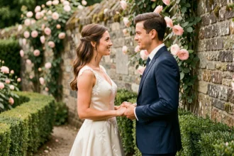 Couple de mariés se tenant la main dans un jardin champêtre français en fleurs, robe ivoire en satin et costume bleu marine