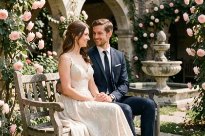 Couple de jeunes mariés assis dans un jardin européen romantique entouré de roses grimpantes, illustrant l'histoire et l'origine des lunes de miel