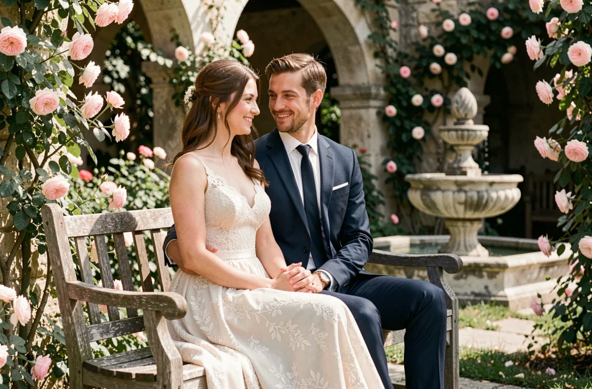 Couple de jeunes mariés assis dans un jardin européen romantique entouré de roses grimpantes, illustrant l'histoire et l'origine des lunes de miel