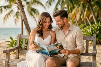 Couple de jeunes mariés planifiant leur lune de miel dans un resort tropical au bord de la mer