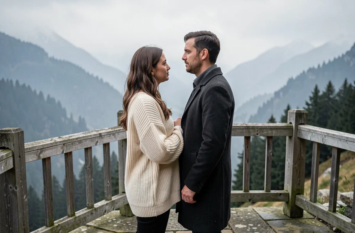 Couple de jeunes mariés admirant un panorama de montagnes brumeuses depuis une terrasse en bois, symbolisant l'évasion romantique de la lune de miel