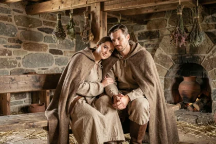 Couple en vêtements médiévaux se tenant la main dans une chaumière rustique, illustration de l'affection conjugale au Moyen Âge