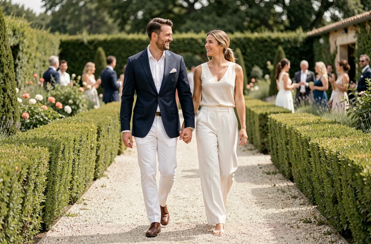 Couple en pantalon blanc marchant dans le jardin d'un mariage en été