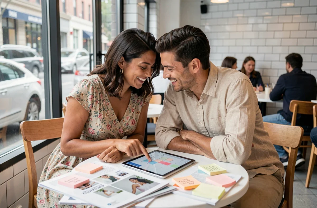 Couple souriant planifiant la date de leur mariage dans un café moderne avec magazines et calendrier numérique sur tablette