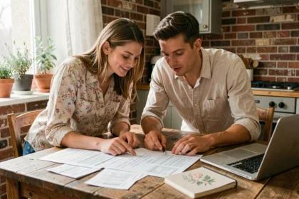 Couple planifiant leur mariage avec un petit budget autour d'une table en bois couverte de documents et de listes de prix