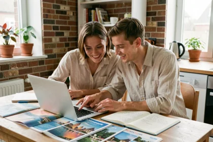 Couple planifiant leur voyage de noces sur un ordinateur portable entouré de brochures de voyage