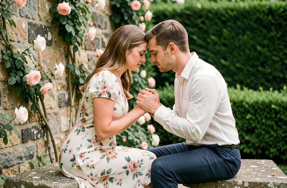 Couple en prière commune dans un jardin fleuri avant leur mariage