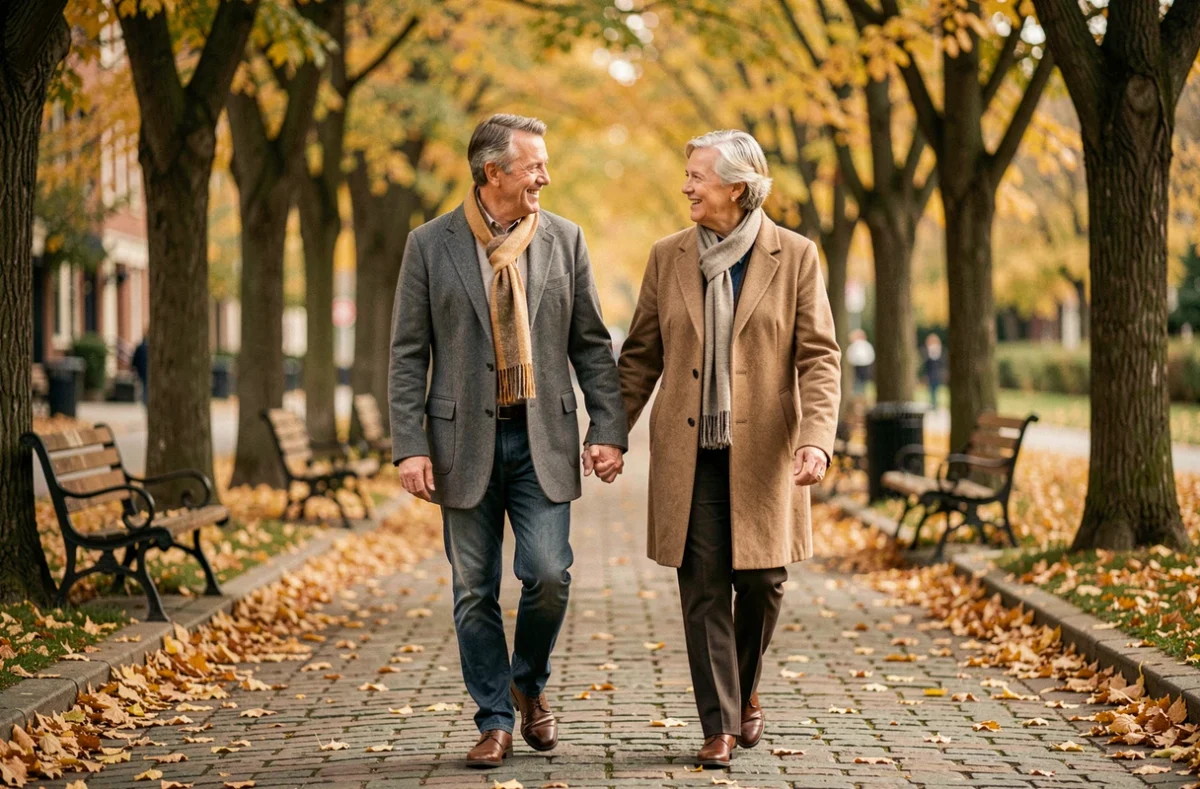 Couple mature marchant main dans la main sur une allée en automne, souriant et complices, symbolisant une relation épanouie