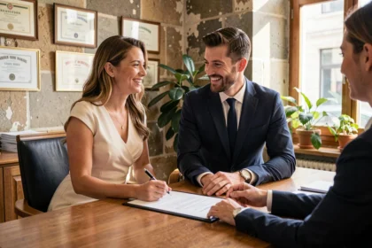 Couple signant leur acte de mariage civil dans une mairie, illustration des démarches administratives pour se marier facilement