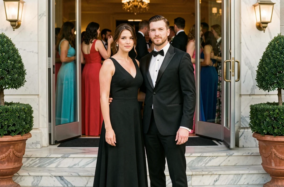 Couple en tenue noire à l'entrée d'un mariage, couleur controversée pour les invités de cérémonie