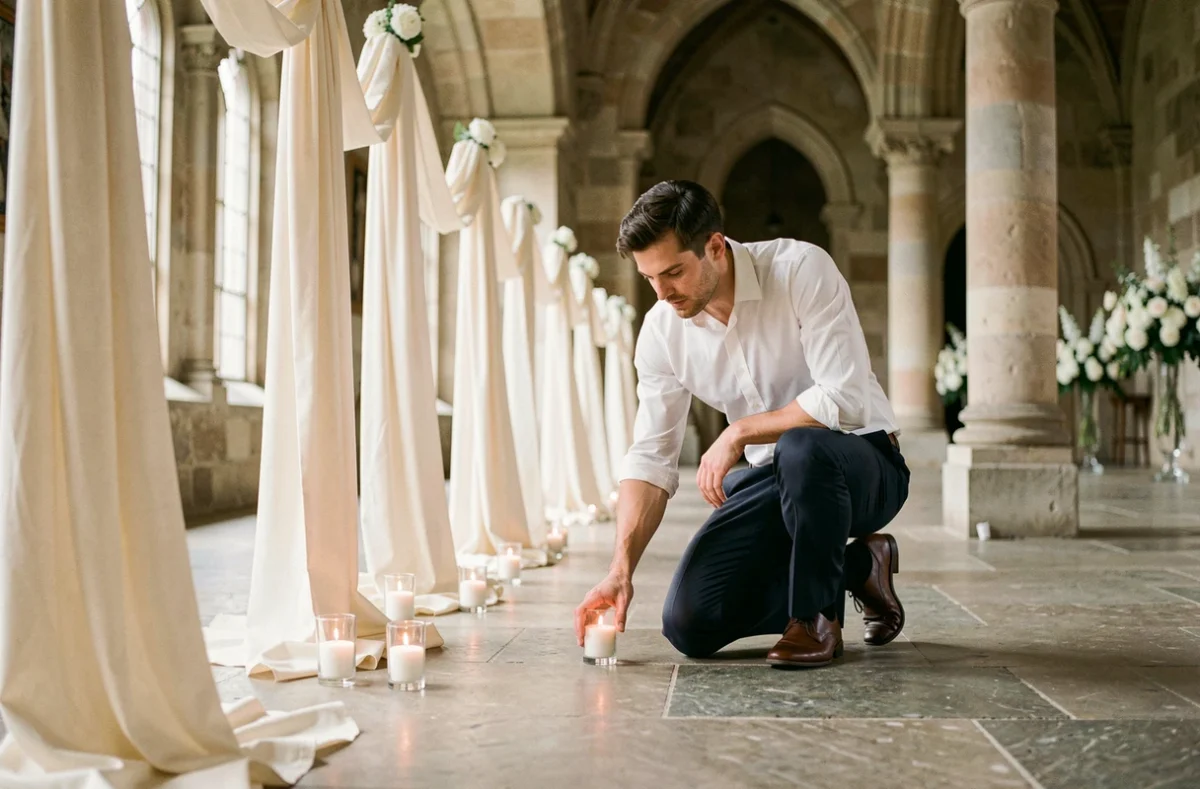 Décorateur de mariage installant des bougeoirs en verre dans une salle de réception élégante aux colonnes en pierre