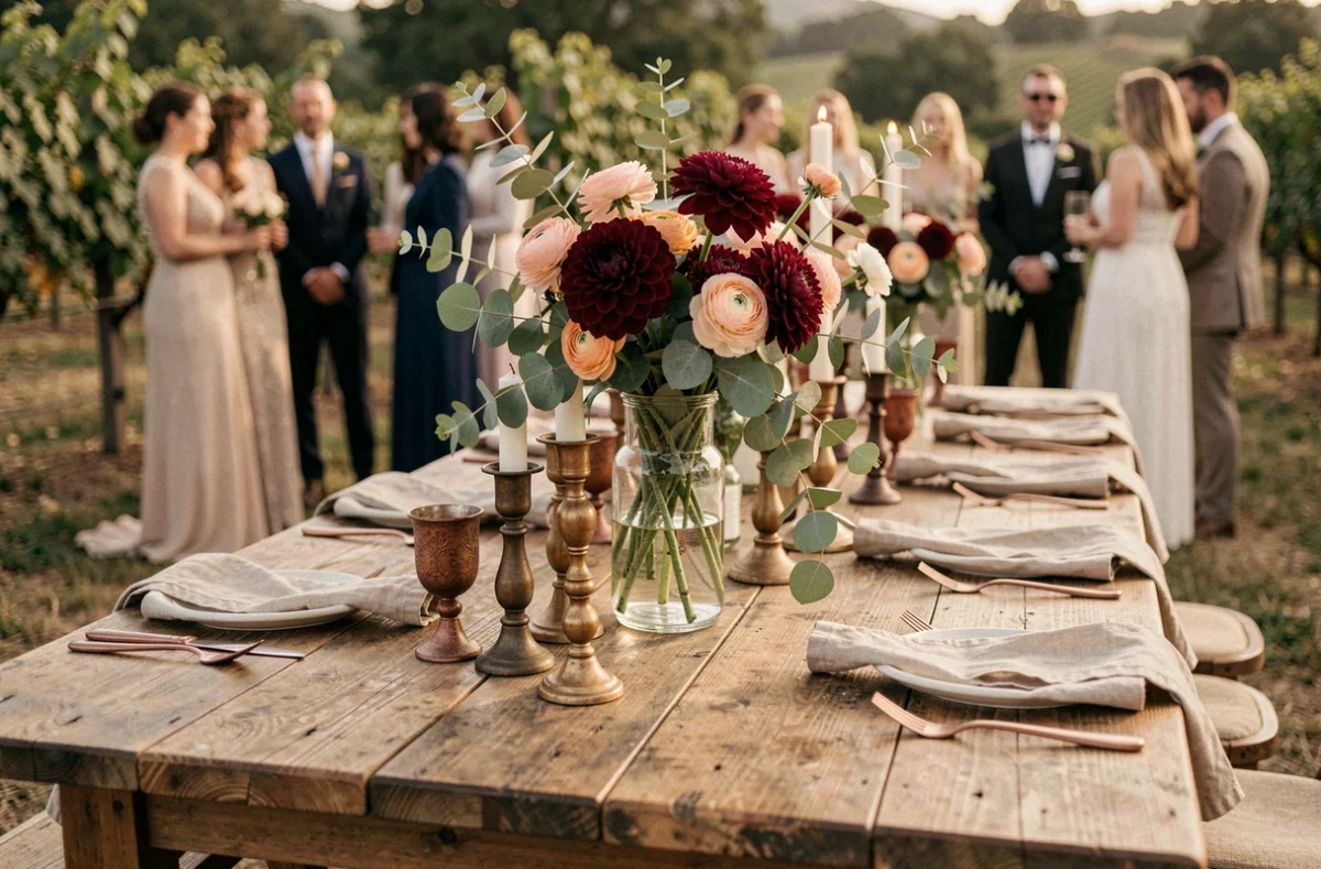 Table de mariage en plein air décorée de dahlias bordeaux et de renoncules roses dans un domaine viticole